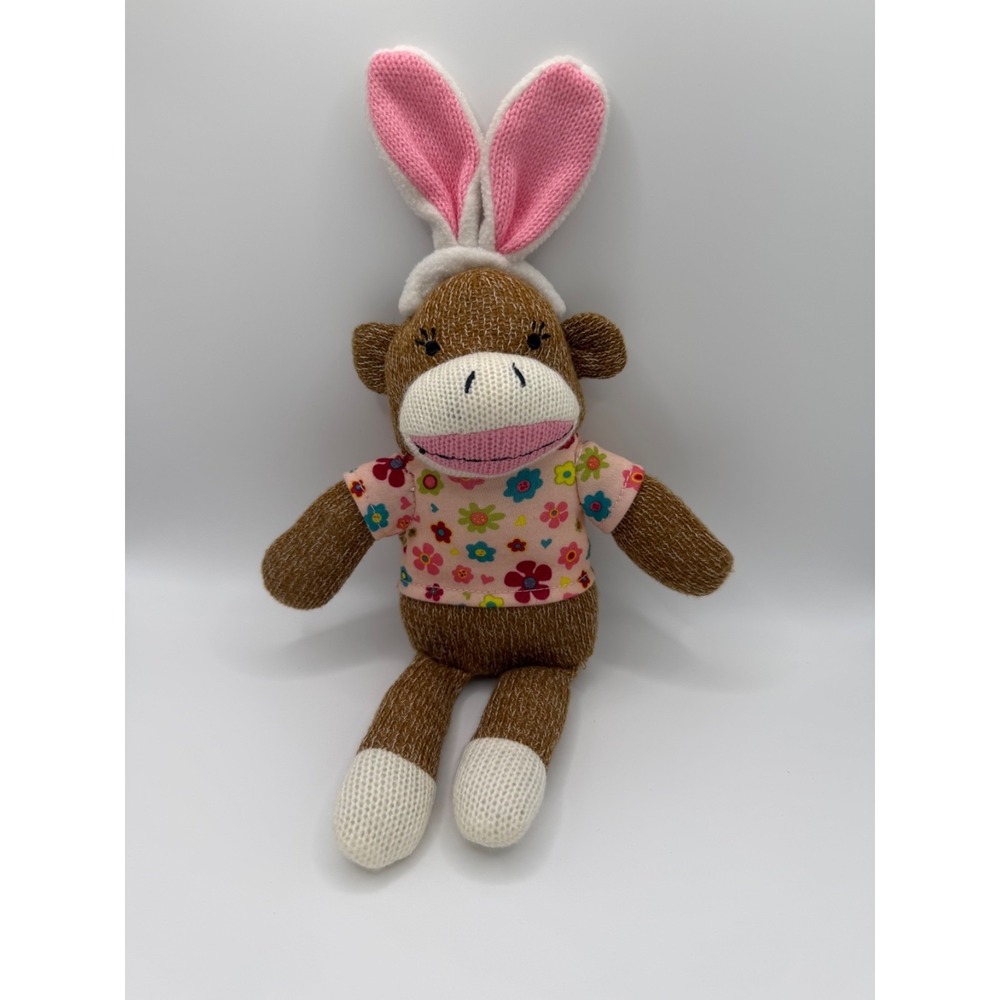 Dan Dee Collector's Choice Sock Monkey Plush Toy Pink Ears and Floral Shirt 13"